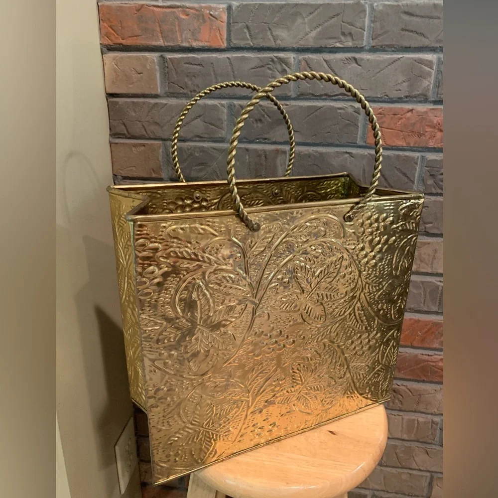Vintage Brass Embossed Leaves 1970s Shopping Tote Magazine Holder